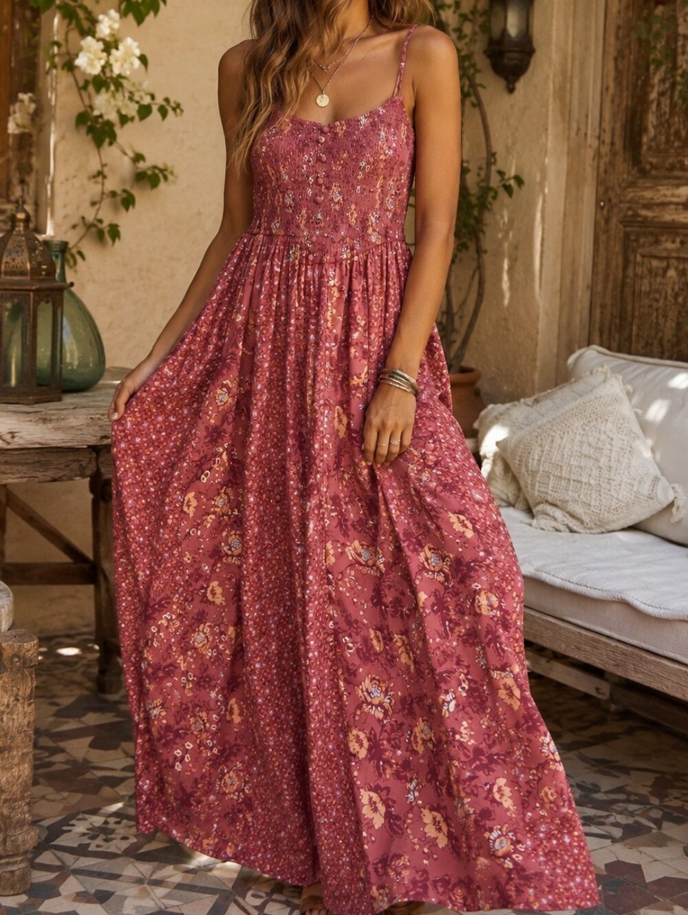 Bohemian Floral Maxi Dress in Dusty Rose
